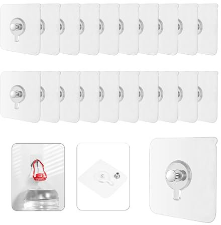 20 PCS Adhesive Picture Hooks, Transparent Waterproof Picture Hooks No Nail, Wall Hooks Stick On, Heavy Duty Picture Hangers for Pictures, Posters, Photos, Decorative Paintings