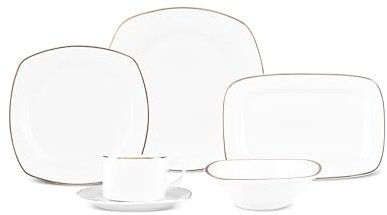 Karaca Padoca Plate and Bowl Set for Breakfast, Porcelain Plate Set with Teacups for 6 People, White Cereal Bowls & Serving Platter, Half Square Design with Gold Rim, 26 Piece