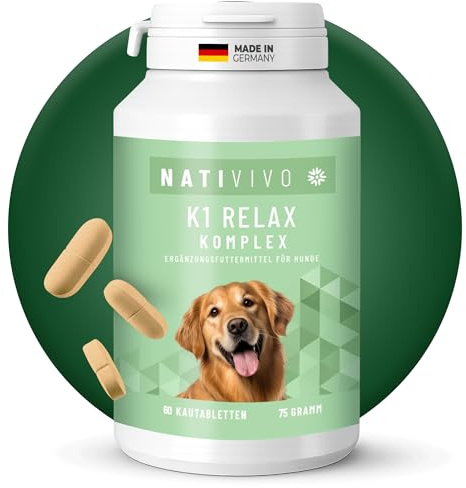 NATIVIVO K1 Relax Komplex Beruhigungsmittel für Hunde - Baldrian Hanföl & L Tryptophan Hund Beruhigung - Hunde Beruhigungsmittel unterstützend bei Angst & Stress - Beruhigung Hund - 60 Tabletten