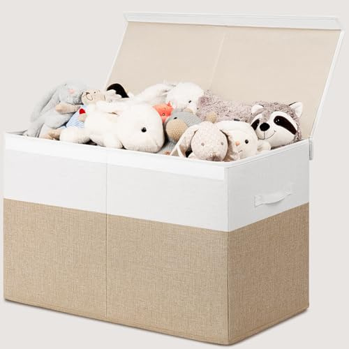 INDRESSME Large Toy Box with Lid, Collapsible Toy Storage Organizer Chest with Divider, Foldable Toy Bin for Kids Boys Girls Playroom Nursery Bedroom Living Room 25x16x13 (Beige & White)