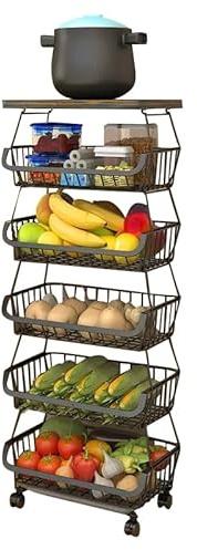 KLLsmDesign Cestini in Filo Metallico con Ruote, Organizzatore di Stoccaggio Impilabile per Cucina, Bagno, Ufficio, Carrello per Frutta e Verdura, Portaoggetti con Piano in Legno
