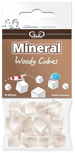 GlasGarten Mineral Woody Cubes | 16 uds. - Alimento complementario/alimento Mineral para gambas Ornamentales, Caracoles y cangrejos de río con minerales y Fibras de Madera