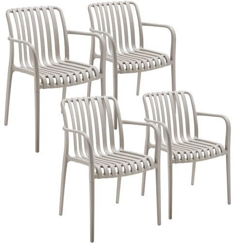 tectake® Sillas Terraza Exterior Apilables, Plástico Resistente, Antideslizante, Fácil de Montar, Muebles Resistentes, Sillas Jardin Exterior - Set de 4 con Reposabrazos Gris Topo