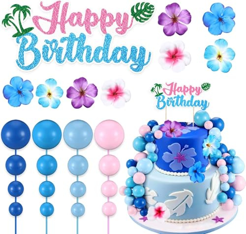 37 Pezzi Blu Rosa Cake Topper Decorazioni, Decorazioni per Torte a Palline, Topper Torta Compleanno di Fiore, Topper Torta Palline Mini, per Compleanno Feste, Baby Shower