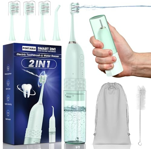 Spazzolino elettrico con filo interdentale, kit 2 in 1 per la pulizia dei denti, spazzolino da denti e filo interdentale, spazzolino da denti da viaggio con bottiglia d'acqua (verde)