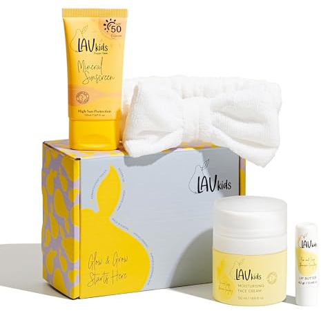 LAV KIDS Sun Ready Set, Face Moisturiser, SPF 50 Sunscreen, Lip Butter, Gift Box with Hairband (Yellow Cream)