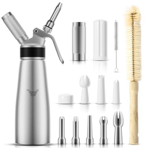 ENLOY Professional Aluminum Whipped Cream Dispenser, 500 mL/1 Pint, Whipped Cream Maker Canister with 8 Decorating Nozzles & Cleaning Brush, Cream Whipper Need to Use N2O Chargers (Note: NO Included)