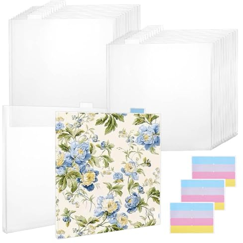 FINGERINSPIRE 24 organizadores de almacenamiento para papel de scrapbook con 24 pestañas autoadhesivas 320 x 325 mm, compartimentos transparentes rectangulares para papel de vinilo, cartón y