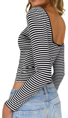 TUUHAW Women Tops Backless Long Sleeve Striped Slim Fitted Boat Neck Sexy | Elegant Going Out Top, Dressy Casual T Shirts, Basic Y2K Crop Tops, Lightweight Cute Ladies Blouse, Spring for Daily Wear