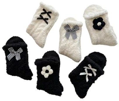 Dybag dam kabelstickade sovstrumpor 6-par, plysch korallfleece med rosett och blomma accenter, mysiga vinterstrumpor