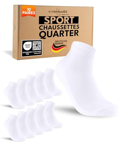 sockenkauf24 10 Paires Chaussettes de Sport Quarter Homme Femme Chaussettes de Tennis Respirantes et Renforcées