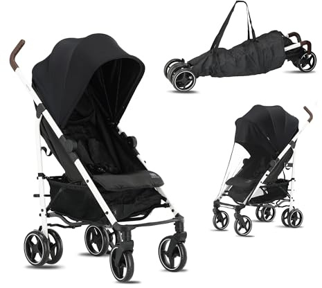 Deryan Bobbie, passeggino sportivo, leggero – 8,5 kg, ruote anteriori girevoli, manico regolabile, regolazione continua dello schienale, piegatura rapida (bianco e nero)