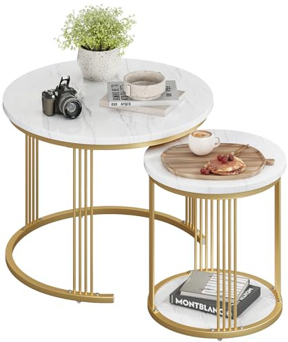 Dripex Nest of Tables Set of 2, Round White Marble Coffee Table | Nesting & Space-Saving, White Marble Pattern Top & Gold Frame, 60/40 cm, Side Tables for Living Room, Set of 2