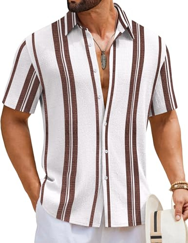 COOFANDY Chemise à manches courtes rayée pour homme - Chemise d'été texturée à manches courtes - Chemise de loisirs légère pour les vacances, la plage et le style décontracté