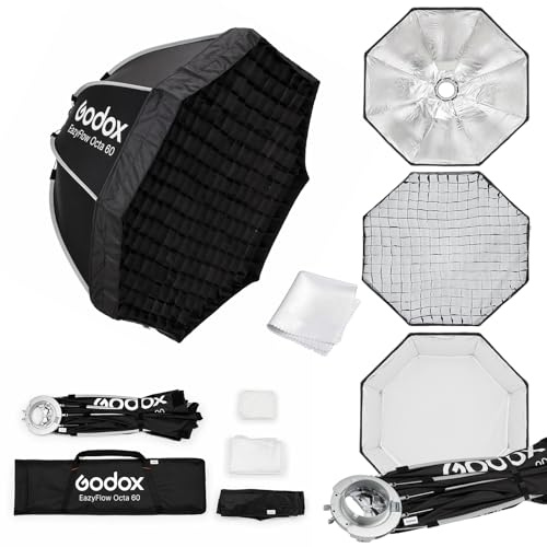 Godox EazyFlow 60 cm Oktabox Softbox med bikakegaller och Bowens-montering, Bärbar åttakantig ljusformerare för påsatta blixtar, perfekt för huvudbilder, makro och utomhusporträtt