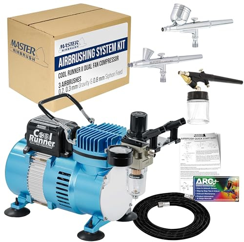 Master Airbrush Cool Runner II Dual Fan Airbrushing System Kit - Air Brush Kit with Air Compressor & 3 Airbrushes, 0.2, 0.3 mm Gravity & 0.8 mm Siphon Feed, Holder & Learning Guide Manual