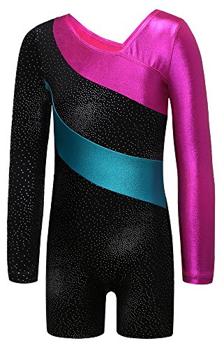 ZNYUNE One-pieceGirls Gymnastic Long Sleeve Leotards Sparkle Dancing Athletic Ballet Unitards for Little Girl Black 100