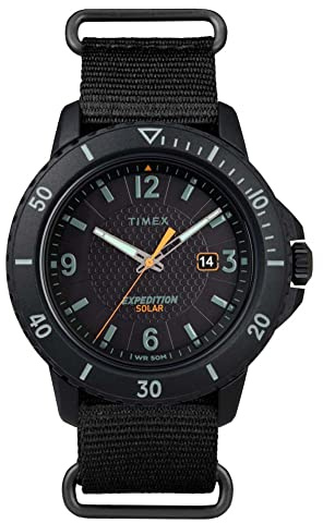 Timex Men's TW2U30300 Expedition Gallatin Solar Black Fabric Slip-Thru Strap Watch,Black/Orange