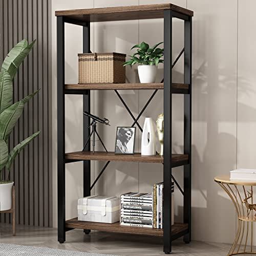 4 Tier Industrial Solid Wood Bookcases, Open Etagere Bookshelf with Metal Frame, Rustic Wood and Metal Shelving Storage Organizer for Living Room Book Shelves Furniture (AY01-4tier)