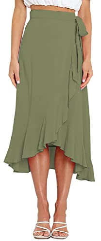 FEOYA Women's High Waisted Tie Wrap Midi Skirts Plain Ruffle Hem Split Maxi Wrap Skirts Casual Summer Beach Long Skirts Green XL