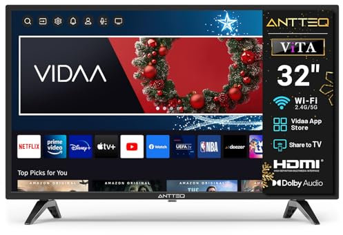Antteq AV32 Fernseher 32 Zoll (80 cm) Smart TV mit Netflix, Prime Video, Rakuten TV, DAZN, Disney+, YouTube, UVM, WiFi, Triple-Tuner DVB-T2 / S2 / C, Dolby Audio 2024