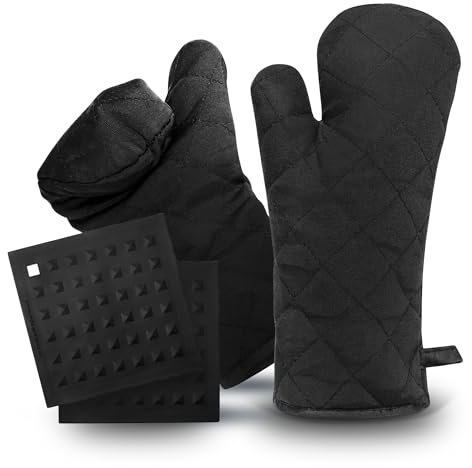 LauterSchutz® Topflappen und Untersetzer im Set - extra weiche & waschbare Baumwolle [Hitzebeständig bis 250°C] mit Untersetzern aus Silikon - Topfhandschuhe zum Kochen & Backen (Schwarz)