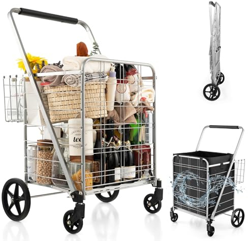 GOPLUS Carro de la Compra Plegable 126L, Carrito Compra Portátil Grande con Ruedas Universales y 2 cestas, Bolsa Impermeable Extraíble, Carga Máxima 150KG, Ideal para Lavandería Equipaje, Plateado