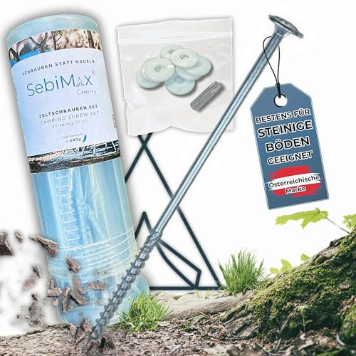 SebiMax® Schraubheringe Camping Komplettset - 18 Stück in Zwei Längen - EIN Bit Aufsatz - XXL Unterlegscheibe aus Kunststoff – Twist & Pull Transportbox
