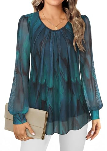 Gemulate Long Sleeve Chiffon Tunic Top for Women - Peacock Blue Crew Neck Blouse, Party and Going Out Wear - UK XXXL