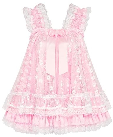 Satini Dessous Satin Sissy Babydoll-Stil Rüschen Rüschen Spitze Nachthemd Negligee Cosplay Nachtwäsche Kleid (Zartrosa - Weiß, XL)