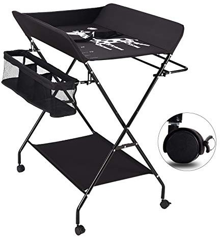 Wickeltisch Wand Klappbar - Baby Wickeltisch, Mobiler Wickelkombi mit Rädern Wickelauflage Ablagefächern, Höhenverstellbar Baby Klappbarer Wickeltisch Wickelkommode Klappbar, bis zu 25 kg (Schwarz)