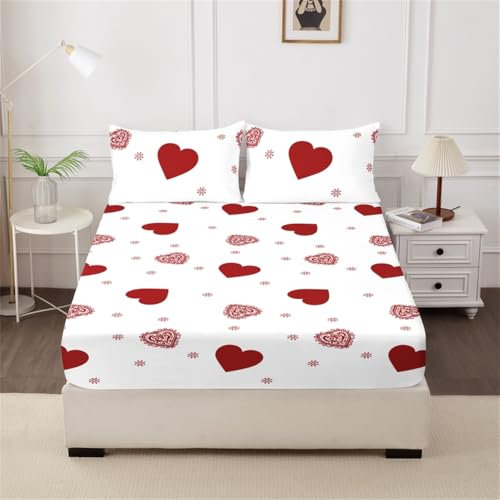 Mateju Spannbettlaken aus Mikrofaser mit Rotem Herz-Print Weiche Bequem Bettlaken Spannbetttuch für Einzelbett Doppelbett Boxspringbett, Matratzen bis zu 30 cm Höhe (Stil A,90x200cm)