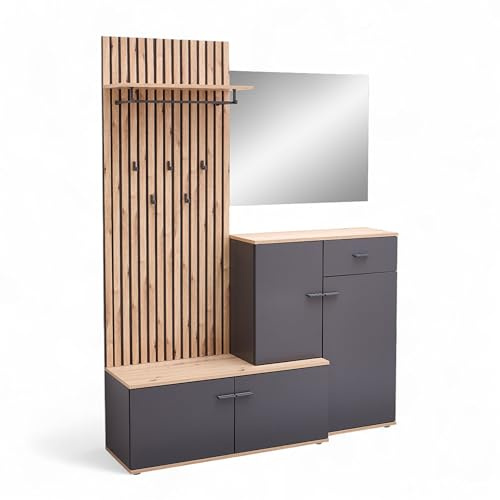 Fynn Flurgarderoben Set in Anthrazit, Artisan Eiche Optik - Moderne Kompaktgarderobe mit Spiegel für Ihren Eingangsbereich - 148 x 199 x 38 cm (B/H/T)