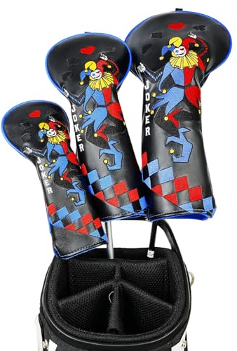 Lot de 3 housses de club de golf en bois (1.F.H) pour conducteur de parcours hybride avec fermeture élastique No.Tag en cuir synthétique noir motif Joker