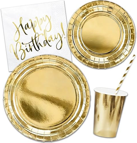 Decoraparty Set de vaisselle or pour anniversaire 6 personnes, décorations de table avec inscription Happy Birthday – 6 verres, 6 grandes assiettes, 6 petites assiettes, 20 serviettes, 10 pailles (48