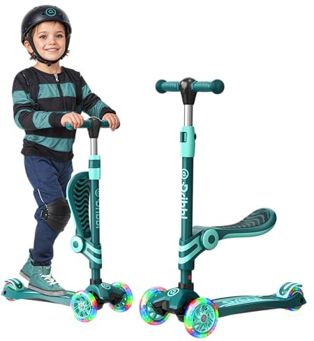 Aqua 3 Wheel Scooter with Seat for Kids, Light-Up Wheels, Adjustable Lean to Steer Handlebar and Seat, Smooth Wheels, Wide No-Slip Deck, Rear Foot Brake, Toddler Outdoor Toys for Ages 2+