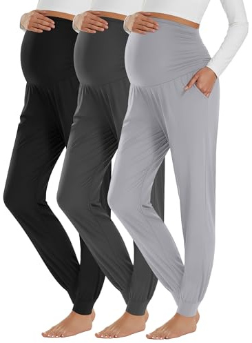 Neer 3 Pack Women's Maternity Joggers Over Belly Sweatpants Stretchy Pregnancy Lounge Pants with Pockets Winter(Black, Dark Gray, Light Gray,X-Large)