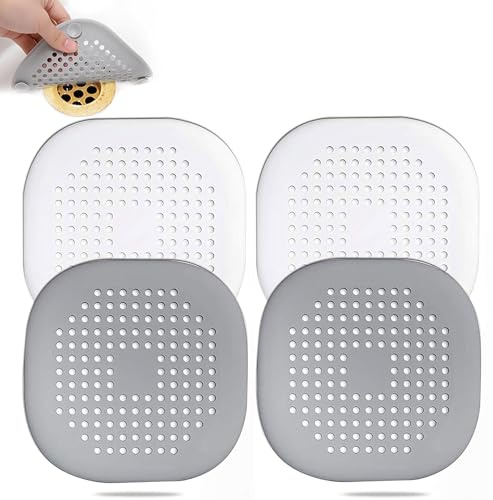 LauCentral Silicone Drain Protector with Sucker - 4 Pcs | Drain Cover Hair/Food Catcher with Sucker for Bathroom, Kitchen, Shower, Sink Strainer Drain Protector hair catcher (White + Grey)
