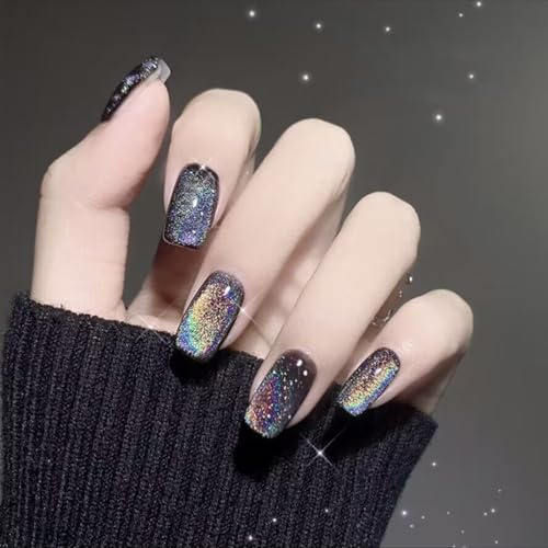 BelleFlair 24 Stück Künstliche Nägel Schwarz Eckig, Mittellang Press on Nails mit Metallic Cat Eye Effekt, Gothic New Year Glitzer Kunstnägel, Fake Fingernägel zum Aufkleben