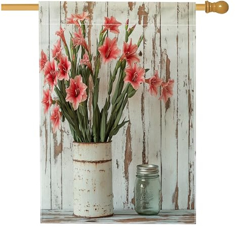 Drapeaux de maison de fleurs de glaïeul de printemps 71,1 x 101,6 cm double face pour extérieur, ferme, fleurs rustiques, drapeau vertical standard en toile pour maison, campagne, cour arrière