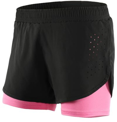 Mesing Pantaloncini Sportivi Running Donna 2 in 1 Estate Pantaloni Corti Palestra Corsa Lacci Traspirante Allenamento Sport Shorts DKB1005W-BlackRose-M