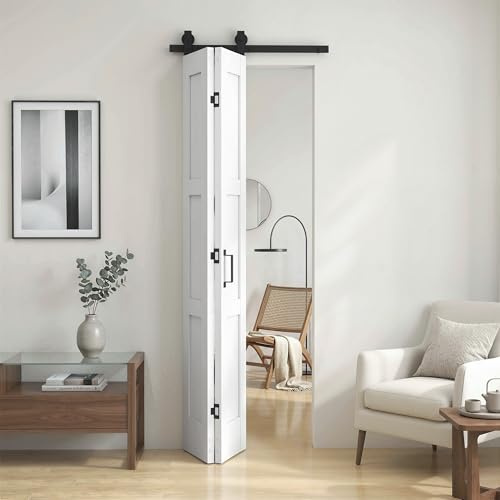 HOMCOM Porta Scorrevole Bi-fold Muro 71.2x213.4cm, Binario Silenzioso Acciaio, Maniglia, Guida, Ruote, Porta da Interno Stile Rustica, in MDF e Legno Pino, Impermeabile, per Cucina, Bagno