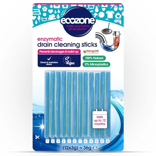 EcoZone Drain Cleaning Sticks, Enzymatic Pipe Unblocker, Prevents Plug Hole Obstructions & Keeps Water Flowing Freely, Natural Vegan & Non Toxic Kitchen & Bathroom Treatment Kit (x 12)
