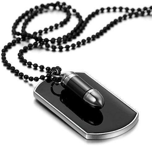Flongo Herren Kette Anhänger, Legierung Halskette Silber Schwarz Patrone Geschoß Gewehrkugel Kugel Erkennungsmarke Dog Tag Armee Stil Poliert Stammes 27.5 Zoll Kette Herren Accessoires Modell A