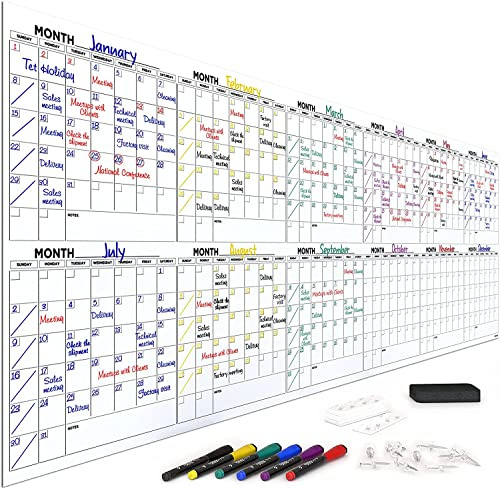 Extra Large 100x36 Dry Erase Monthly Planner – 12-Month Whiteboard Calendar Includes 6 white Board Markers Eraser Push Pins & Mounting Tape
