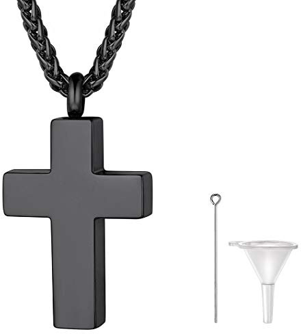 Richsteel Personalizable Cruz Negra Guardapelo Perfume Colgante para cenizas Urna Cremación Amor Querido Recuerdo cerca de Corazón, Cadena Acero inoxidable Hombre Mujer, Gratis estuche