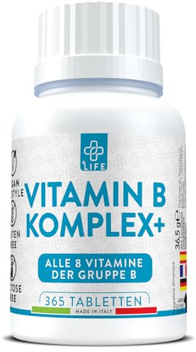 Vitamin B Komplex Hochdosiertes PiùLife - 365 Tabletten, B Vitamine komplex hochdosiert, Vitamin B6, B1, B2, B3 Niacin, B5, B7 Biotin, B9 Folsäure und B12 - Müdigkeit, Haut