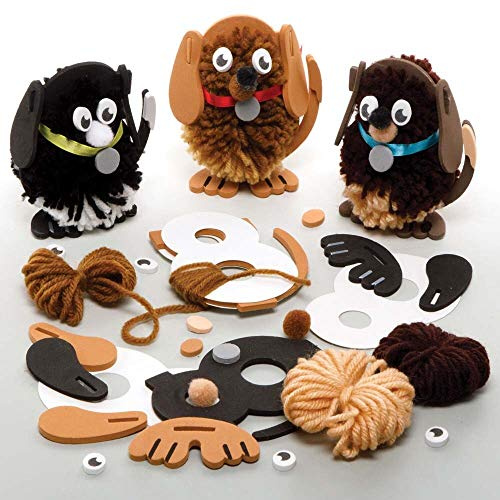 Baker Ross FE365 Dog Craft Pom Pom Kits - Pack of 3, Childrens Art Make Your Own Fluffy Pom Friend