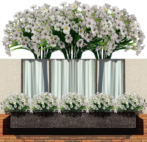 LANKAMO 15 Bundles Artificial Flowers Fake Silk Flowers Outdoor UV Resistant Faux Flowers Plastic Fabric Greenery Plants for Hanging Planter Kitchen Home Office Wedding Garden Decoration (White)…