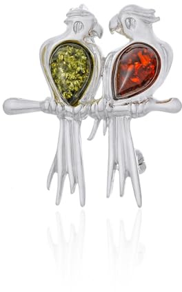 AMBEDORA Women’s Brooch, Parrots with Amber, Polished Sterling Silver, Baltic Amber in Two Colours